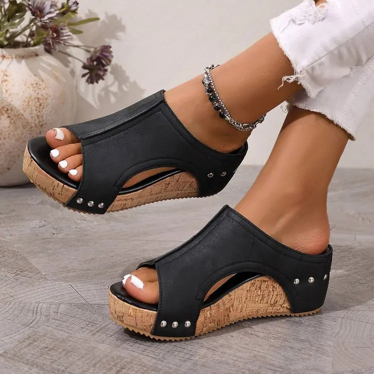 Women's Fashion Wedge Sandals Cork Platform Mules Open Toe Studded Slide Sandals Casual Summer High Heel Slides for Women Ladies