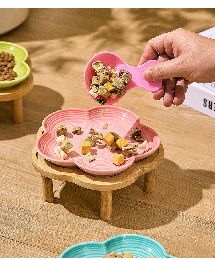 High Aesthetic Ceramic Pet Bowl with Wood Stand, Shallow Dish for Cat Snacks, Cute Bow Knot Pattern, Cat Food Dish,Home Kitchen