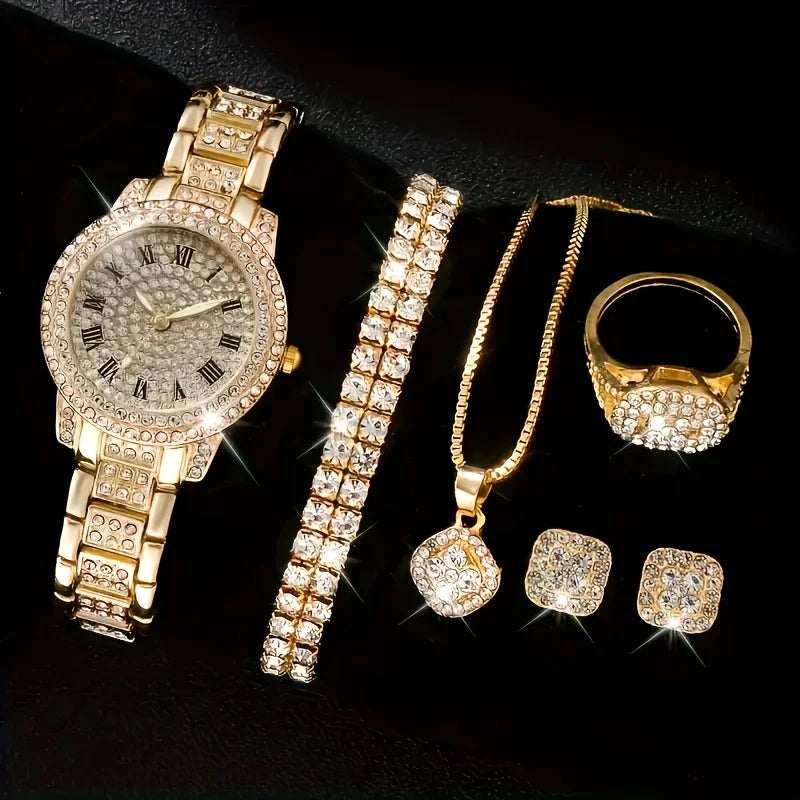 Glamorous 6pcs/set Womens Luxury Rhinestone Quartz Watch with Rome Numerals - Stylish Analog Wrist Jewelry Set