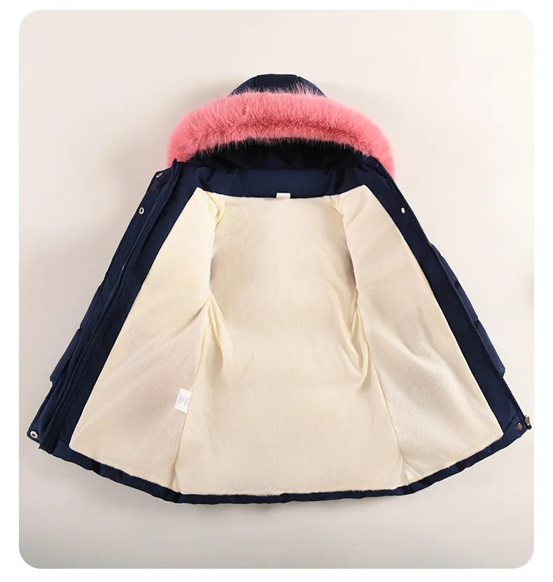 2025 Winter New Girls Jacket Long Solid Color Lining Berber Fleece Thick Warm Hooded Parka For 4-10Y Girls Bow Fashion Snowsuit