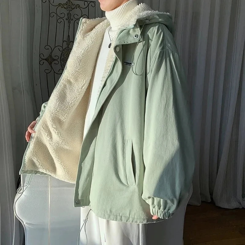 Lamb wool Jacket Women's 2025 Autumn winter New Korean version Loose Workwear Student cotton Jackets Female Hooded Warm Coat