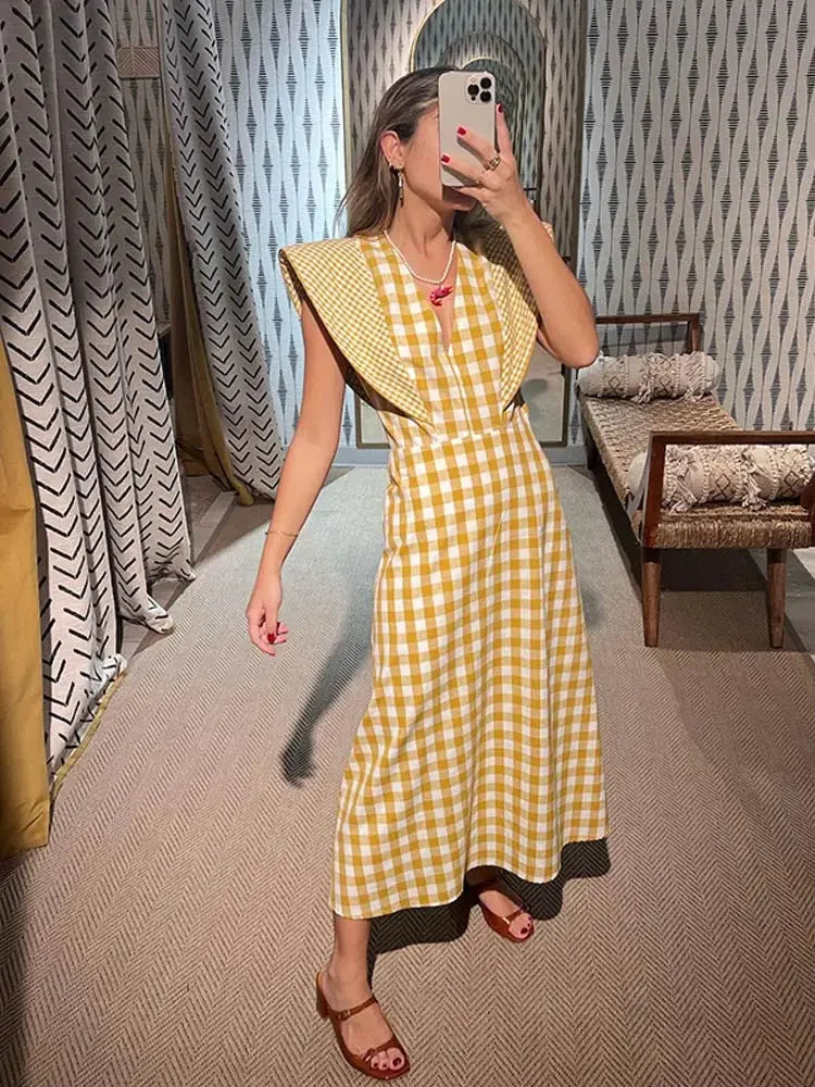 Women V Neck Plaid Print Maxi Dress Fashion Fly Sleeve High Waist Big Hem Slim Long Dresses Summer New Lady Holiday Vestidos