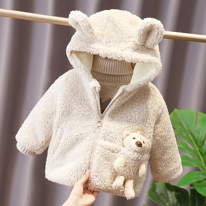 Chaqueta de invierno gruesa y cálida con capucha para niños, abrigos de peluche con oso bonito, ropa para niña pequeña