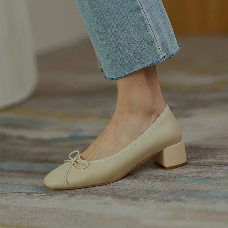 2025 Genuine Leather Women Shoes Fashion Butterfly-knot Spring and Autumn Pumps Slip-On Casual Shoes Chunky Heel Size 34-40