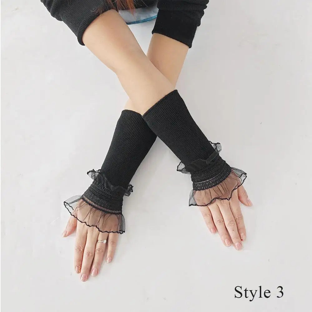 Women Sweater Fake Sleeves Hollow Out Crochet Floral Lace Horn Cuffs Embroidery Ruffles Elastic Wrist Warmers Lolita False Cuffs