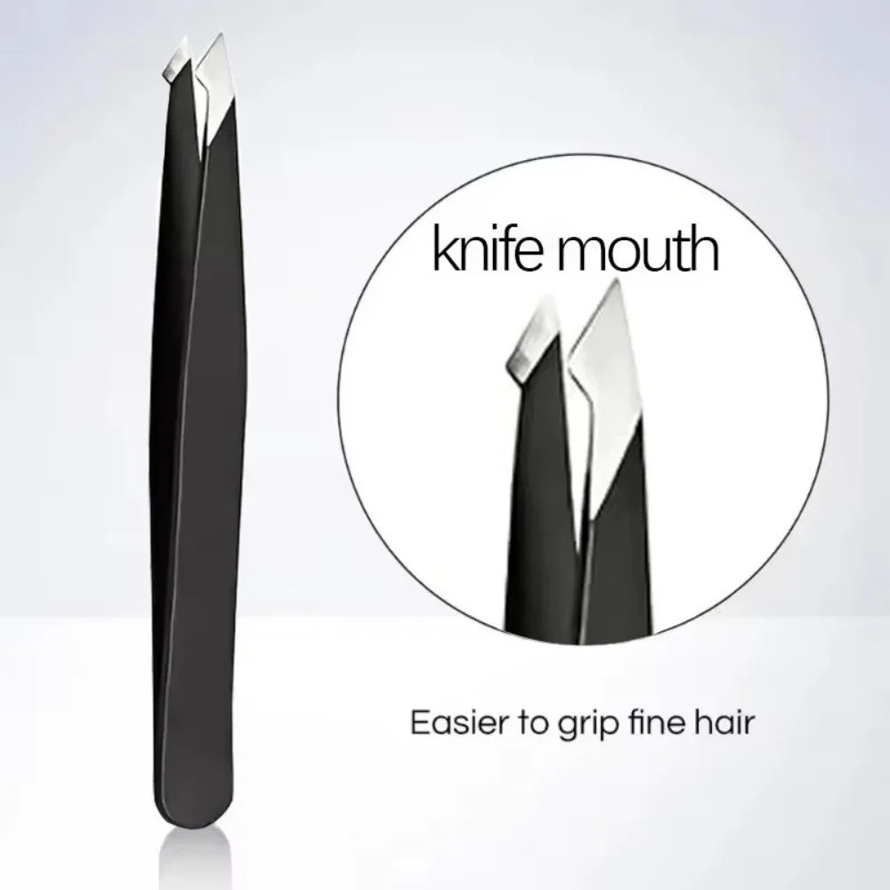 Stainless Steel Eyebrow Tweezers with Trimming Knife Slant Flat Tip Hair Remover Eyebrow Eyelash Beard Double Eyelid Makeup Gift