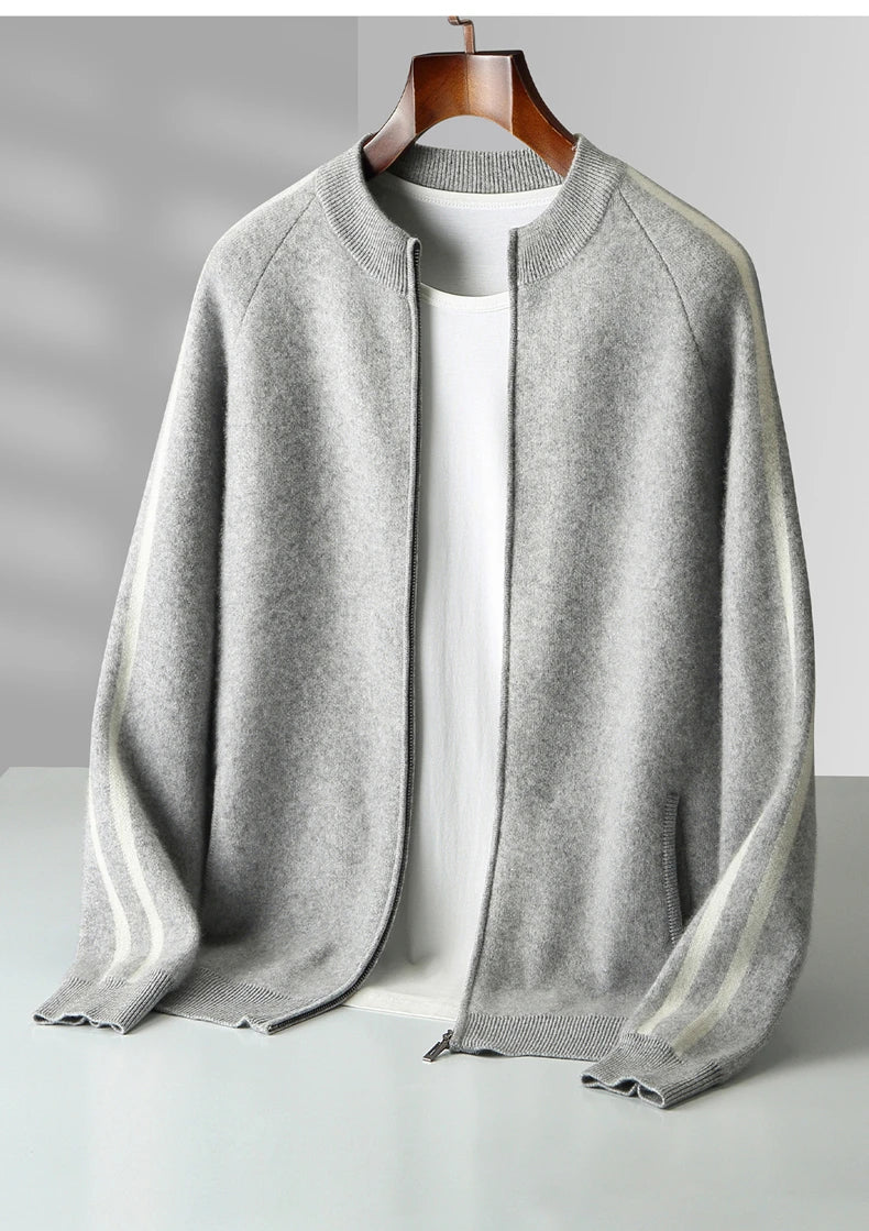 Winter Cashmere Sweater Men's Round Neck Knitted Jacket Contrast Striped Zipper Cardigan Youth Wool Thick Sweater