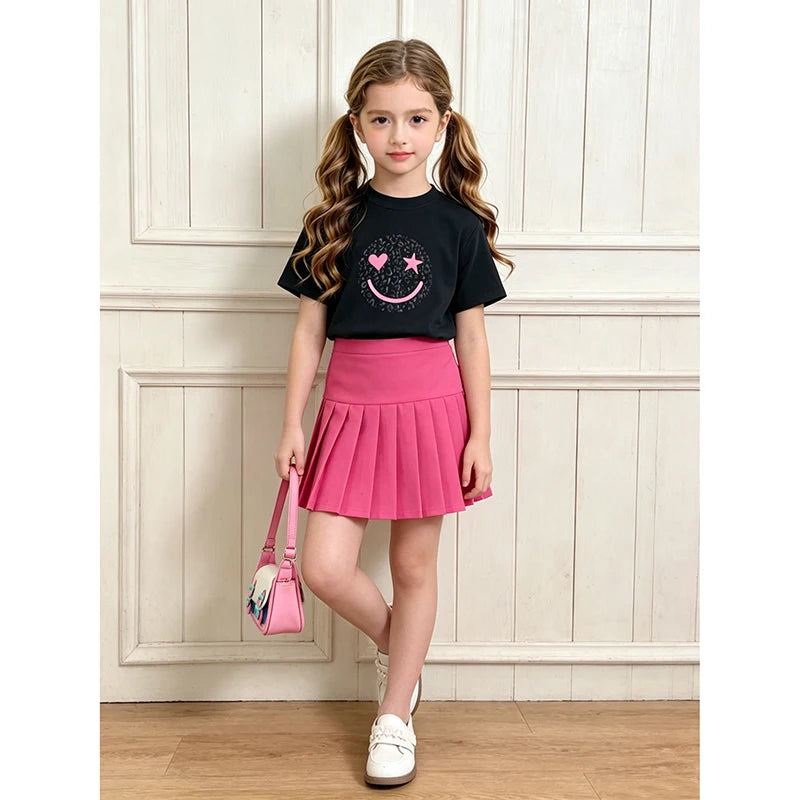 2024 New Children's Fashion Clothes Sets For Kids Girl Black Smiley T-shirt And Rose Red Pleated Skirt High Quality Korean Style