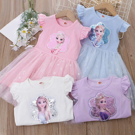 Vestidos de princesa Frozen Elsa para niñas, vestido de lentejuelas con mangas voladoras, Poncho de tul de dibujos animados, falda, disfraz de fiesta para niños 2022