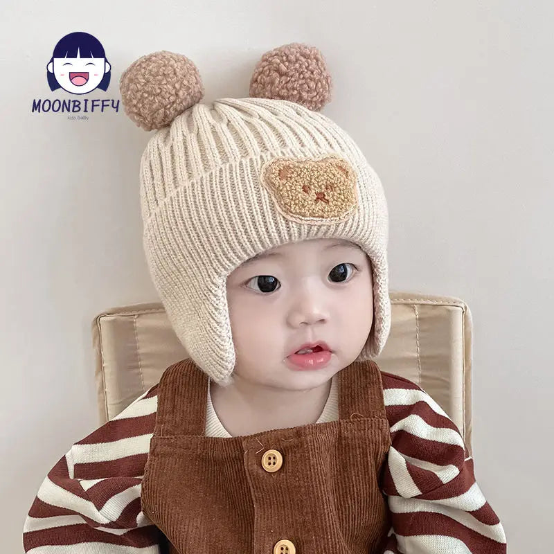 Gorro de invierno para bebé, gorro tejido con protección para la oreja de oso de dibujos animados para niños pequeños, gorros de ganchillo cálidos coreanos para niños y niñas