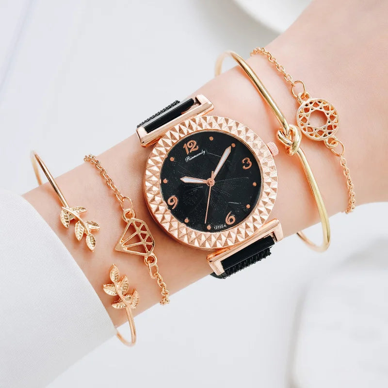 1Sets Luxury Women Watch Set Geometric Bohemian Gold Tassel Bracelets for Women Metal Quartz Wristwatches Bracelet Jewelry Gifts