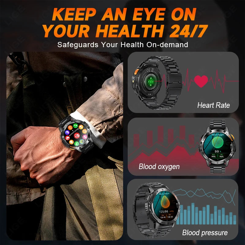 LIGE New AMOLED Smart Watch Men with Flashlight Sports Waterproof Fitness Tracker Bluetooth Call Smartwatch Man For Android ios