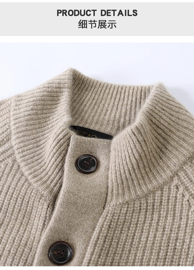 100% Pure Cashmere Sweater for Men's Cardigan Half Turtleneck Knitted Jacket for Winter High-End Business Thickened Sweater