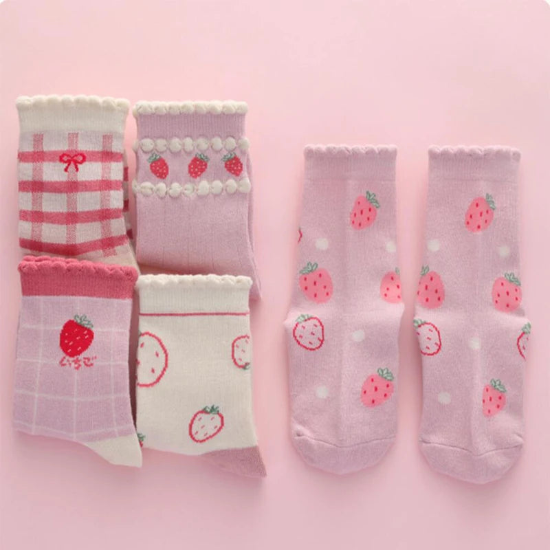 5 par/lote de calcetines de algodón suave para niños, calcetines coreanos con estampado de flores y corazones de amor para niñas, calcetines cálidos de tubo medio para otoño e invierno para niños