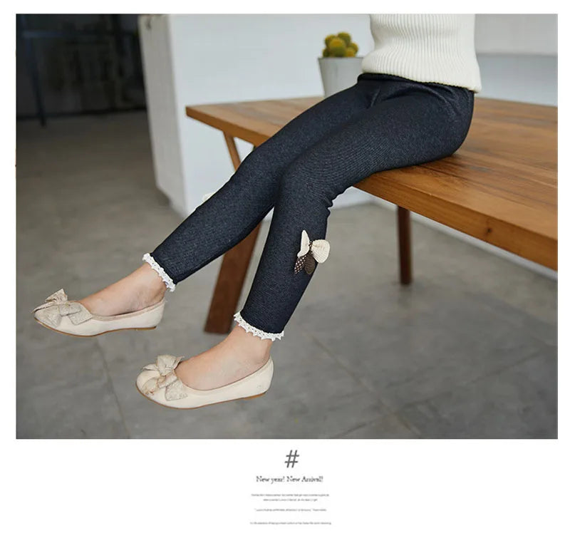 Girls Jean Pants Autumn Winter Warm Children Leggings Thicken Velvet Bowknot Kids Trousers Baby Girl Pants Icing Leggings