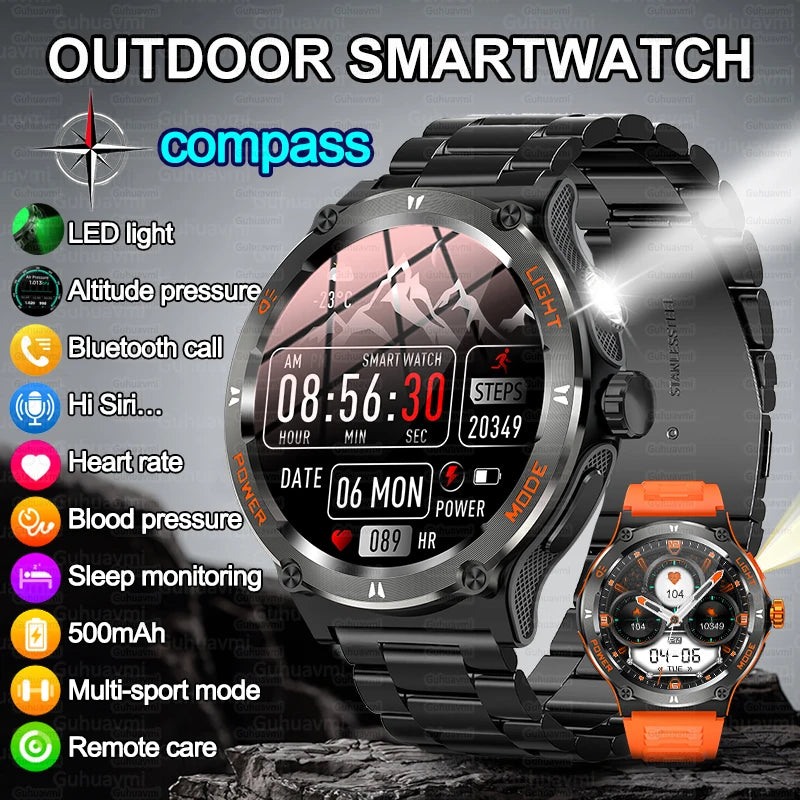 Hot Outdoor Military Smart Watch Men LED Strong Light AMOLED Screen Heart Rate Compass Bluetooth Call 3ATM Waterproof Smartwatch