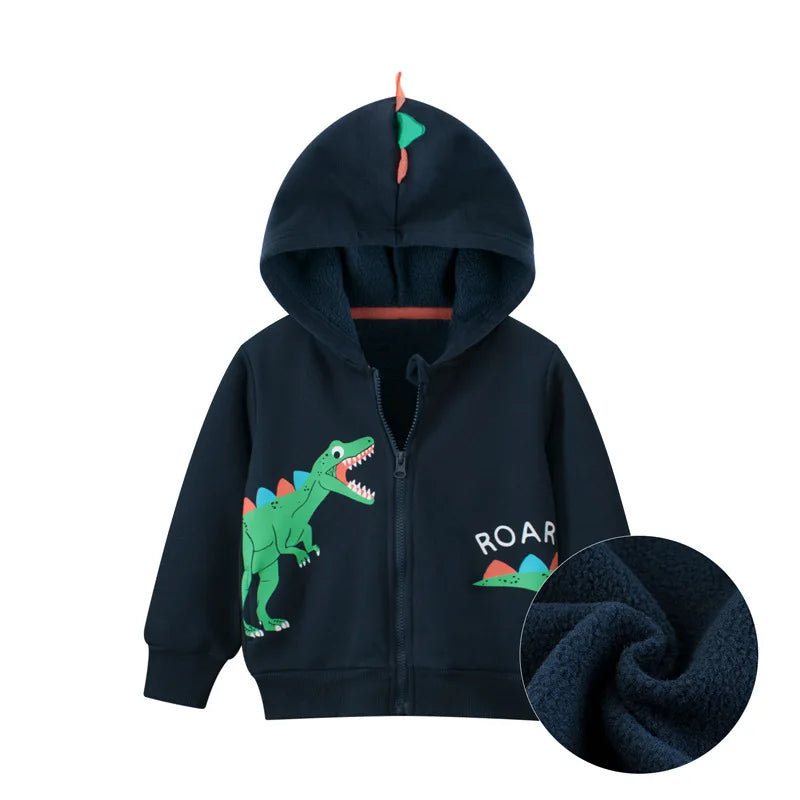 Ropa con capucha de dibujos animados de dinosaurios de primavera para niños y niñas, abrigo informal simplificado con cremallera de algodón polar y ropa