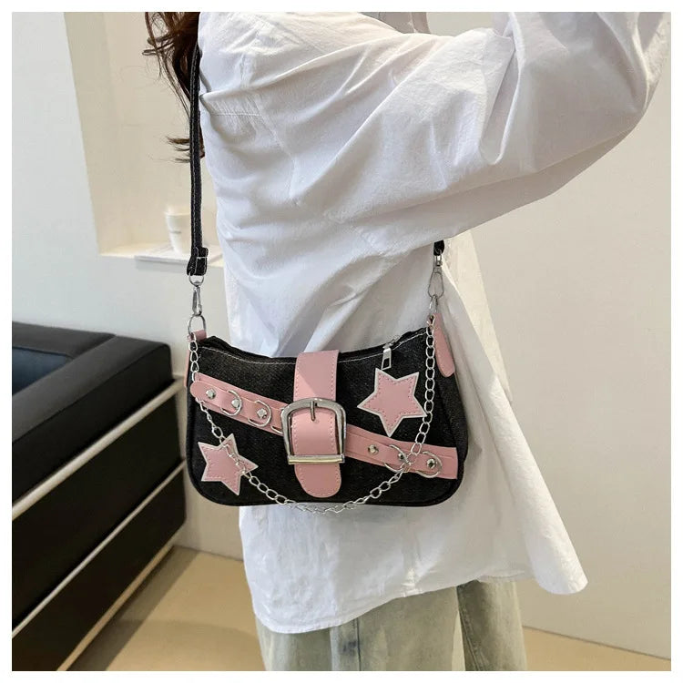 Y2k Hot Girls Denim Shoulder Bags Retro Rivet Star Women's Underarm Bag Portable Female Chain Armpit Bag Small Purse Handbags