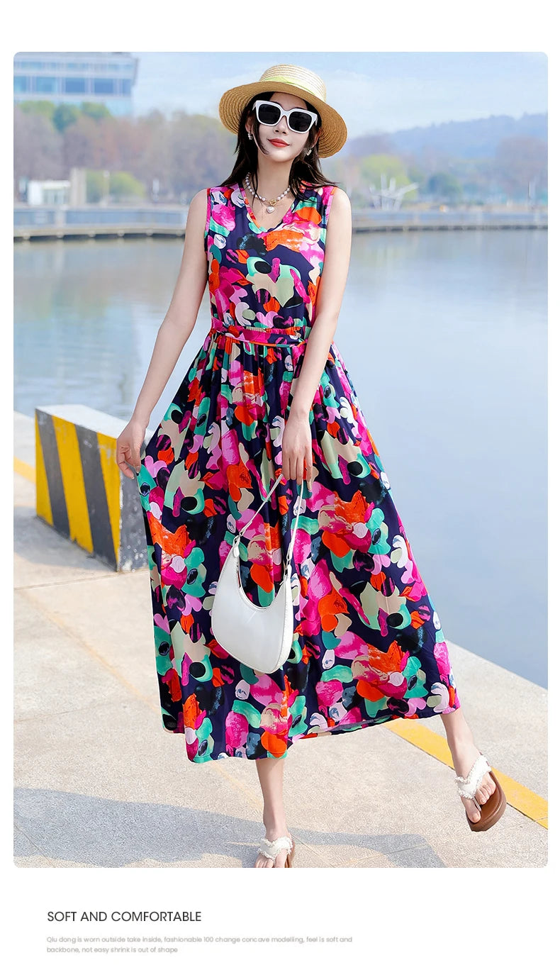 Spring Summer Dresses Fashion Female Sleeveless printed Casual Dress Women A-line Dresses Vestidos