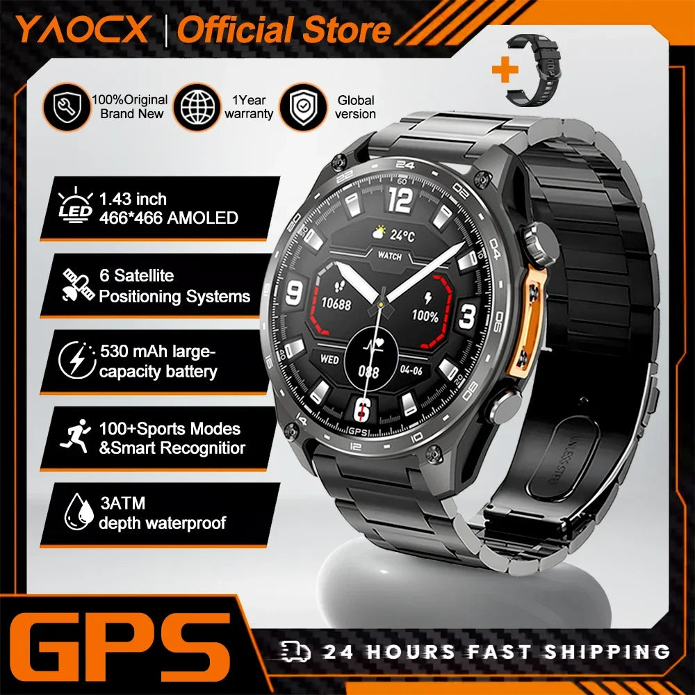 2026 New Smart Watch for Men with Built in GPS Maps 100+ Sport Modes 3ATM Waterproof BT Call MP3 MP4 Playback Altitude Compass