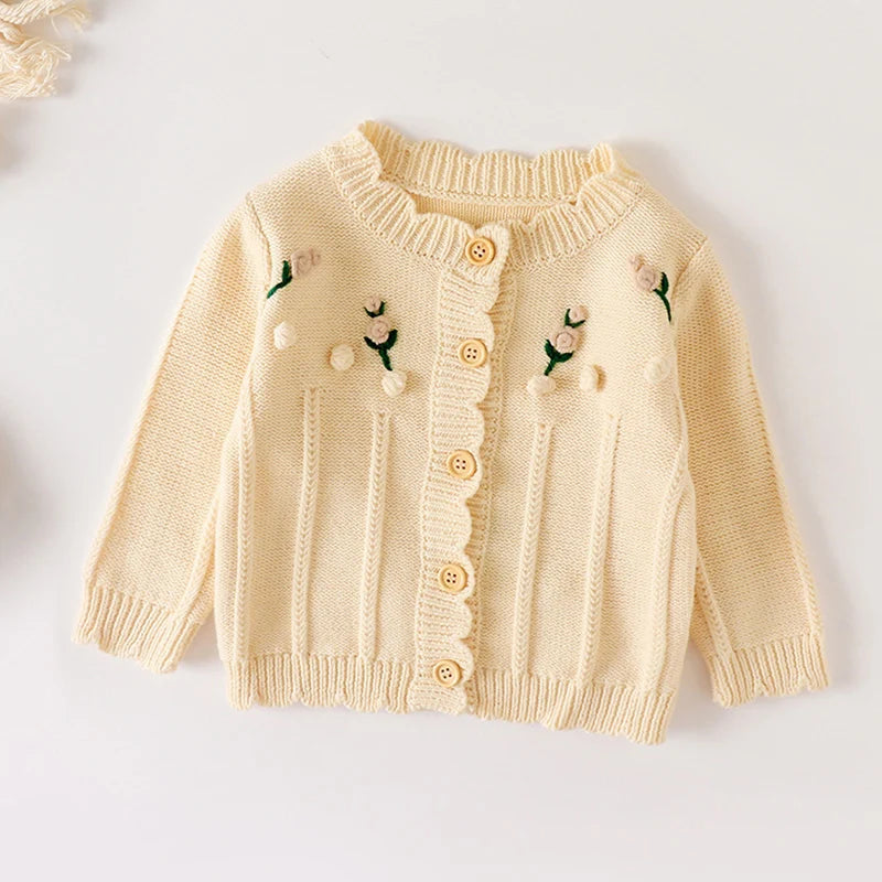 Winter Spring Baby Girl Knitted Clothing Long Sleeved Floral Embroidery Sweater Coat Newborn Baby Girls Knitting Cardigan