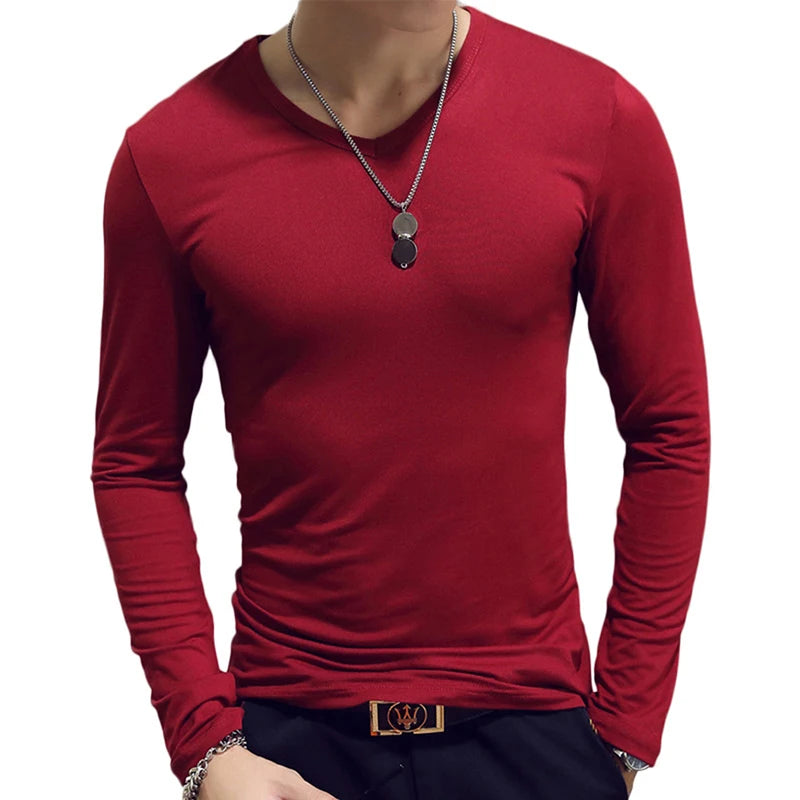 Elastic Mens T-Shirt O-Neck Round Neck Long Sleeve Men T-Shirt For Male Lycra And Cotton T-Shirts Man Clothing