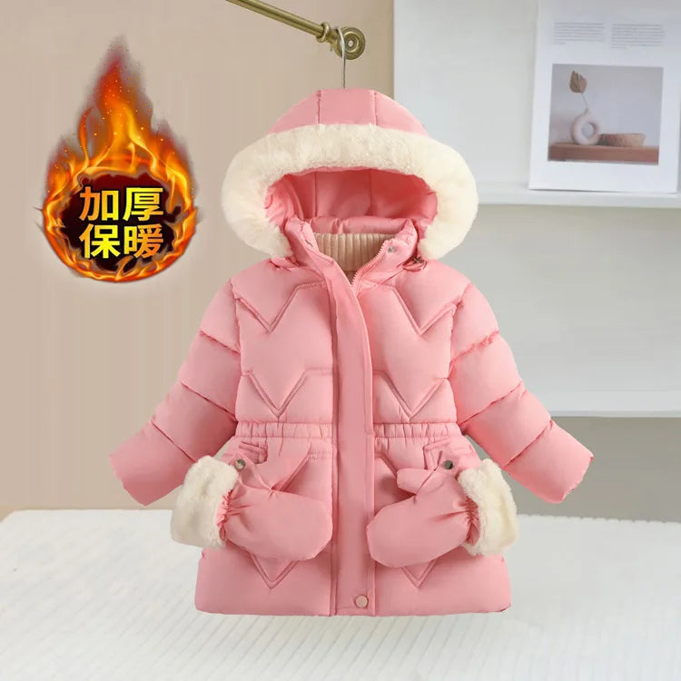 2025 Winter New Girls Jacket Long Solid Color Lining Berber Fleece Thick Warm Hooded Parka For 4-10Y Girls Bow Fashion Snowsuit