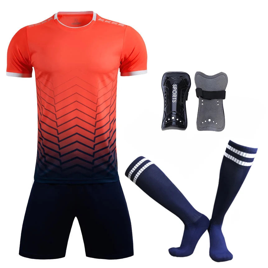 Men Athlete Football Jerseys Sets + Socks + Shin Pads Boys Girls Soccer Kits Children Football Uniforms Soccer Shirt Tracksuit