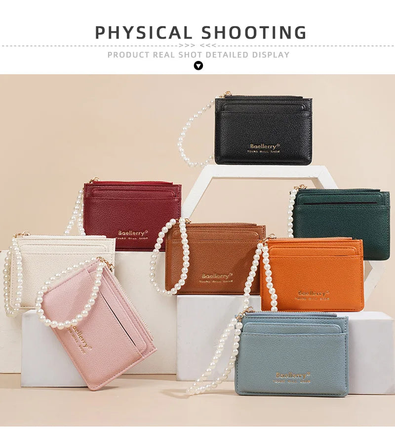 Fashionable Womens Card Case Ins Trend High Class Pearl PU Small Purse