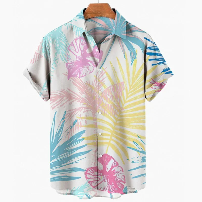 Summer Men's Leaves Elegant Floral Social Hawaiian Short Sleeve Oversized Casual Shirt Printing Vacation Style Harajuku Camisa