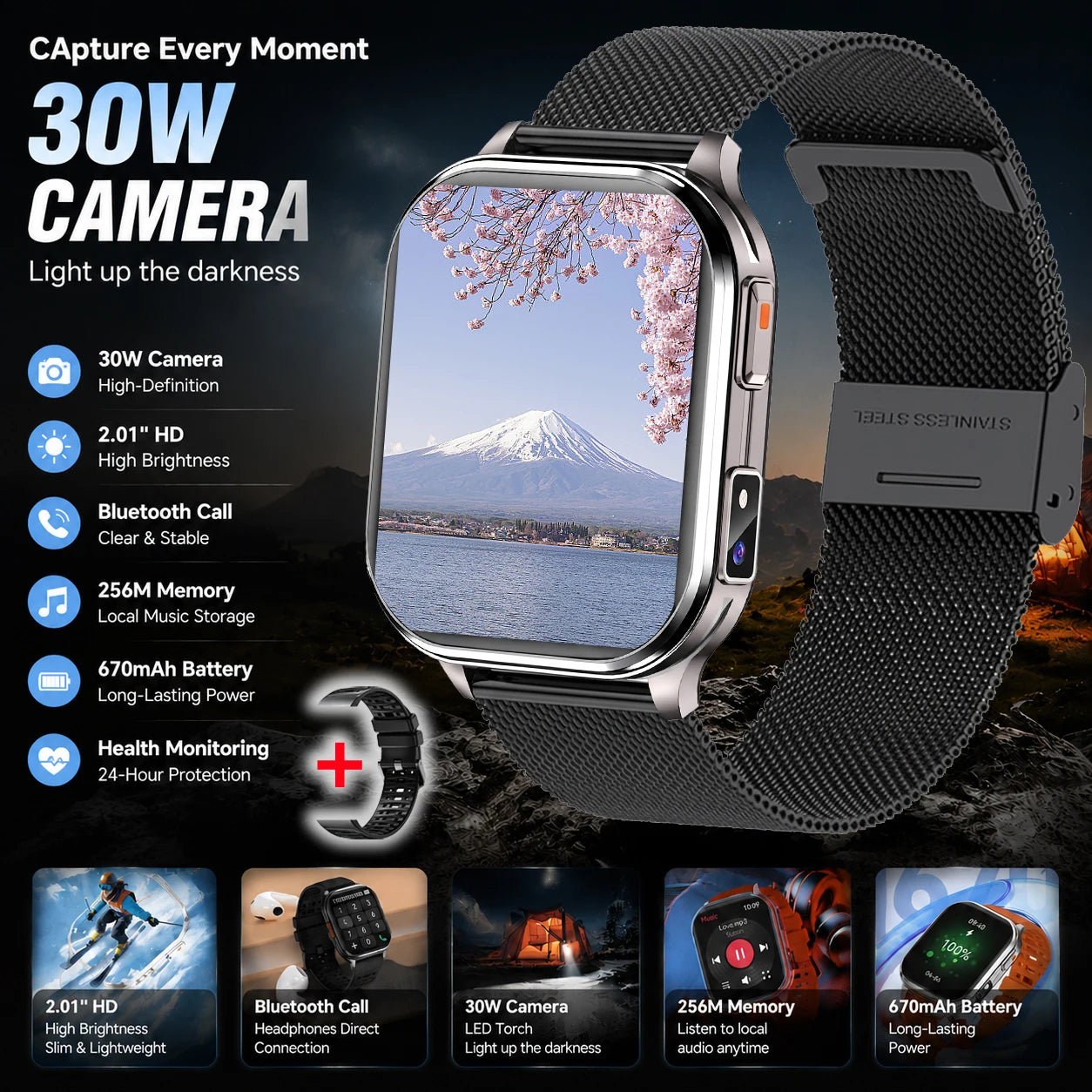 New Smart Watch 2.01" 30W Camera LED Torch 256MB Memory 670mAh Waterproof Health Monitoring 100+ Sports Mode BT Call Smart Watch