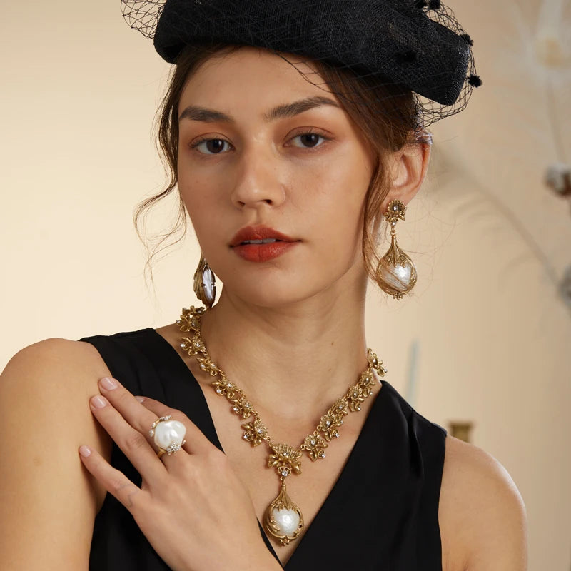 Baroque Style Freshwater Pearls Necklace Jewelry Sets For Women Gold Color Wedding Ring Set Bridal Nightwear Pendant 2025 Trend