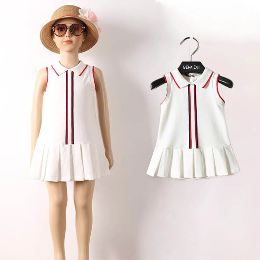 New Summer 1-12 Years Child Preppy Style White Cotton Color Patchwork Bow Pleated Dress For Kids Baby Girls brand design