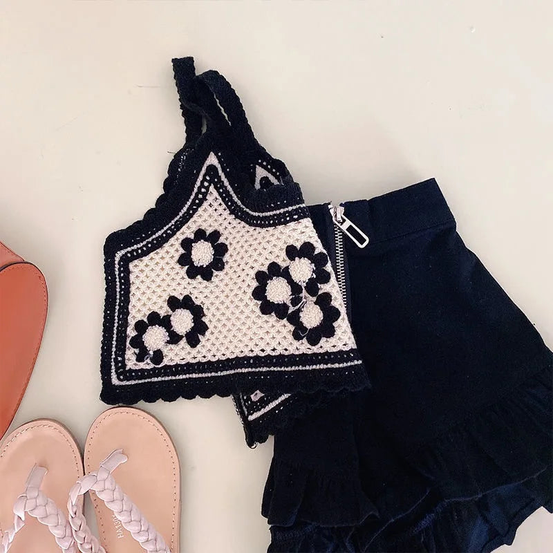 Fashion Baby Girl Knitted Clothes Set Strap Flower Vest+Shorts 2PCS Infant Toddler Child Summer Crop Top Clothing Suit