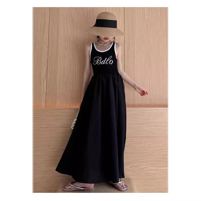 Girls Summer Long Dress Kids Casual Letter Vestidos Children Princess Gown Sleeveless Cool Clothes New Teenager Trends Dresses