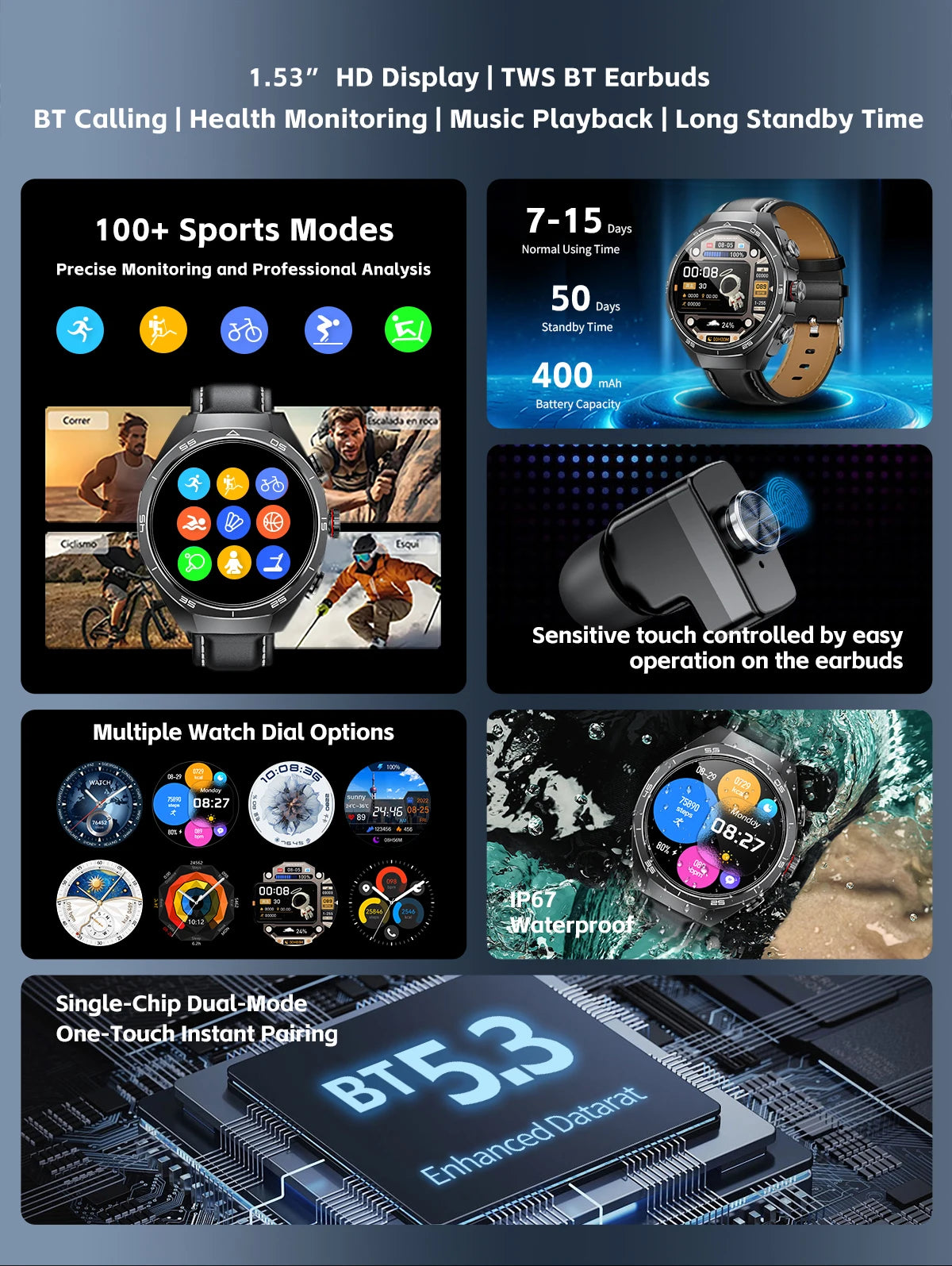 2026 New Smart Watch Men TWS 2-in-1 Bluetooth Earphones With Built-in Speaker HIFI  1.53HD SCreen Bluetooth Call IP67 Waterproof