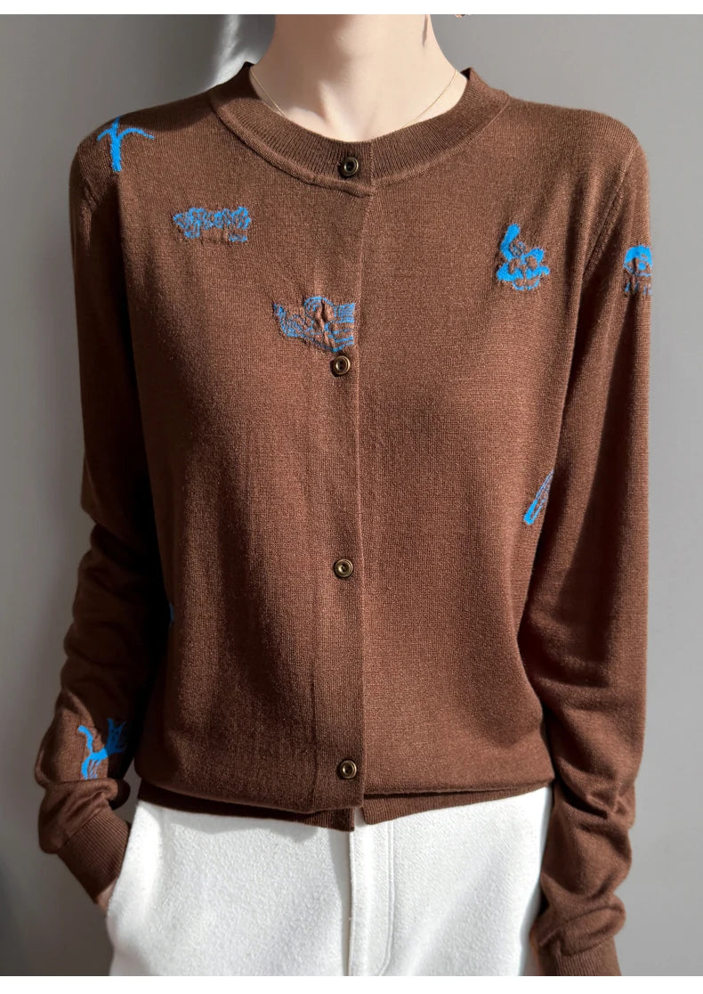 2025 New Merino Worsted Wool Women Sweater Spring Female Knitted Cardigan Long Sleeve Solid Clothing Tops Embroidery Outerwear