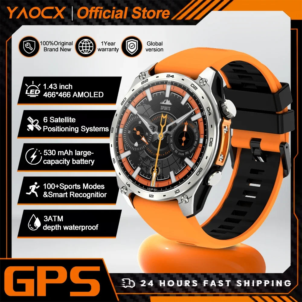 2026 New Smart Watch for Men with Built in GPS Maps 100+ Sport Modes 3ATM Waterproof BT Call MP3 MP4 Playback Altitude Compass