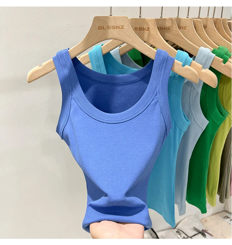 Women Solid Round Neck Ribbed Tank Top Camisole Women 2026 Summer Basic Elastic Tank Top O Neck Solid Tank Top