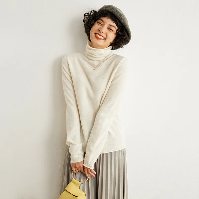 Women's 100% Cashmere Sweater Casual Solid Color Knitted Pullover Loose High Neck Jumper Autumn/Winter Warm Blouse Tops