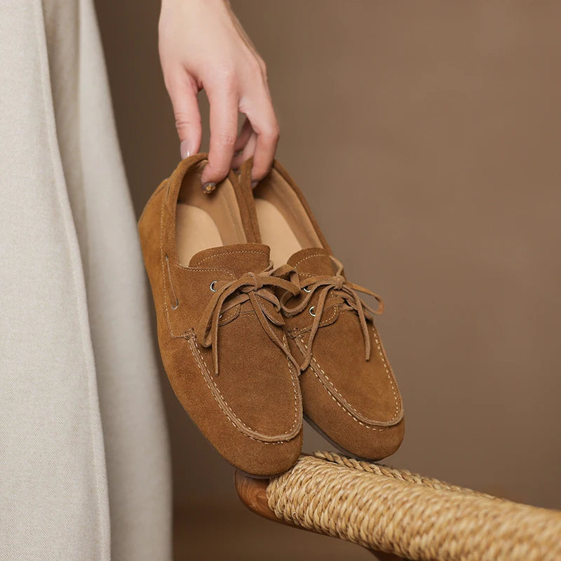 2026 New Spring Genuine Leather Women Shoes Round Toe Women Flats Shoes for Women Retro Lace Up Loafers Fashion Ladies Shoes