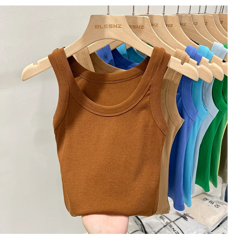 Women Solid Round Neck Ribbed Tank Top Camisole Women 2026 Summer Basic Elastic Tank Top O Neck Solid Tank Top