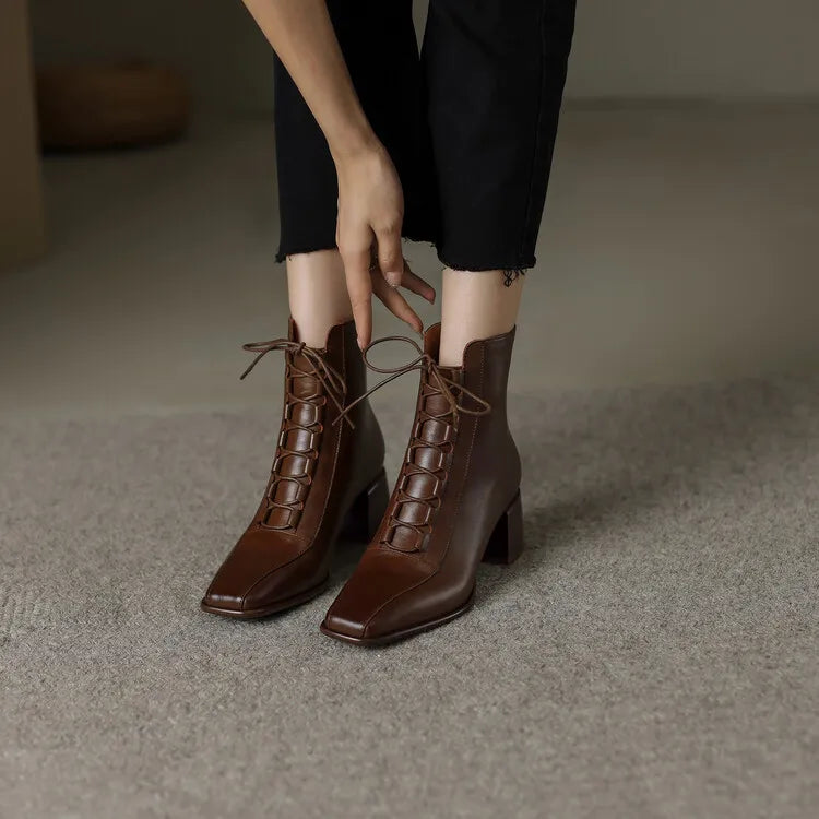 2022 Autumn Women Boots Square Toe Back Zipper Women Shoes Chunky Heels Shoes for Women High Heel Boots Vintage Leather Shoes