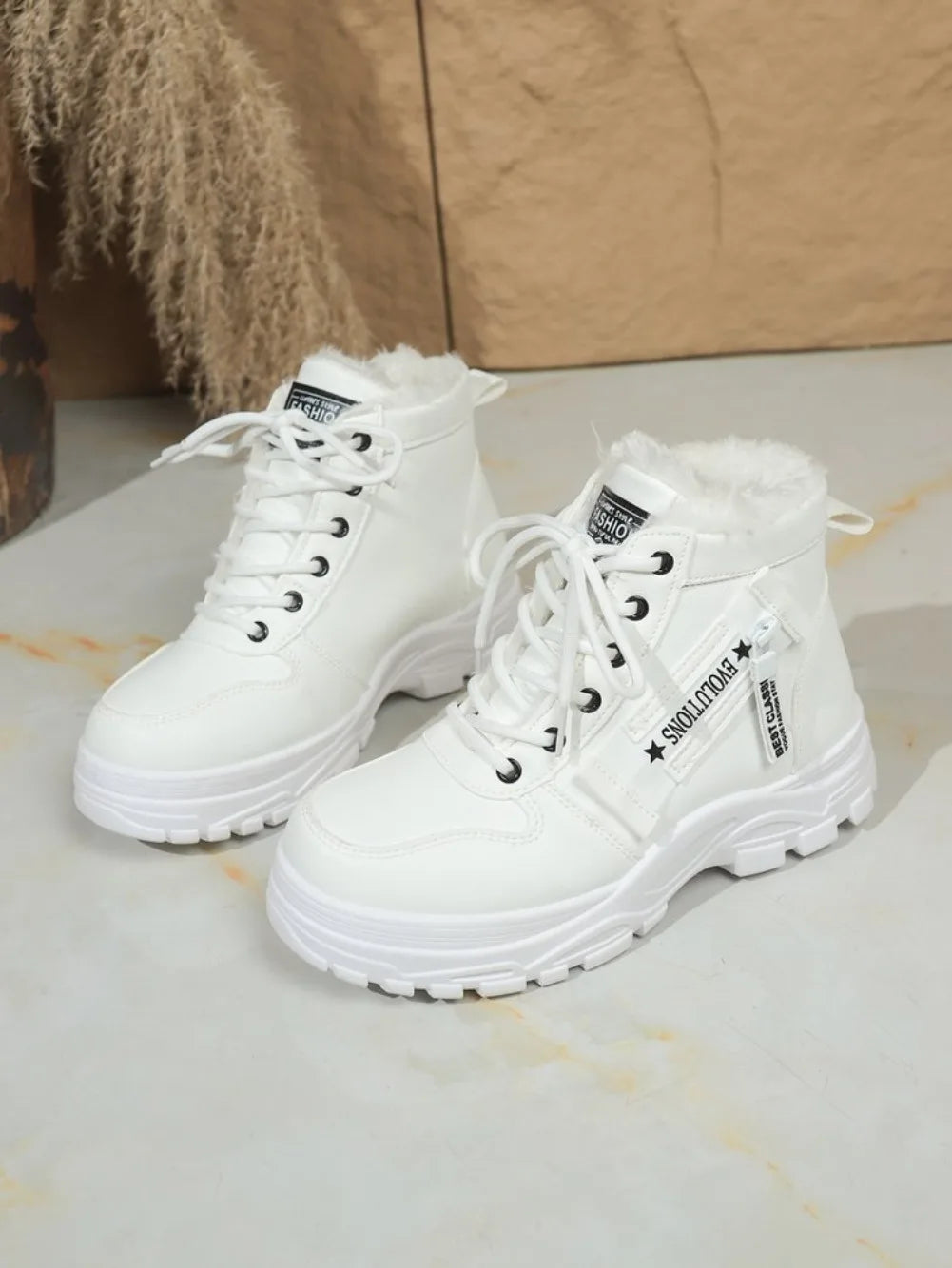 Women's Winter Snow Boots Warm Plush Lined Lace Up Chunky Platform Sneaker Booties Side Zipper Outdoor Walking Shoes for Ladies