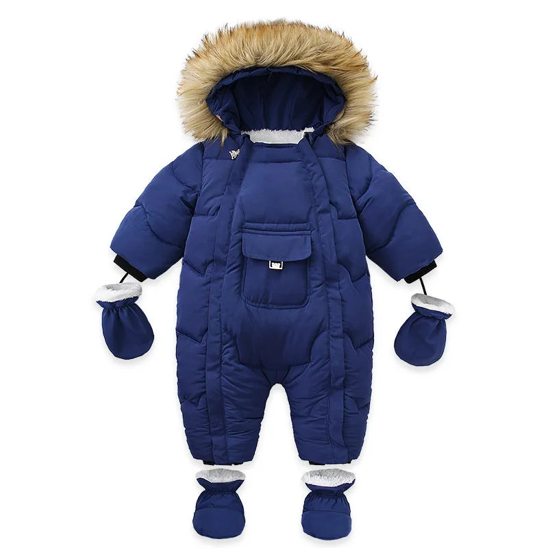 AYNIGIELL 2023 Winter Newborn Thickening Jumpsuit Built-in Wool Hooded Down Romper Baby Boys and Girls Warm Snowproof Overalls