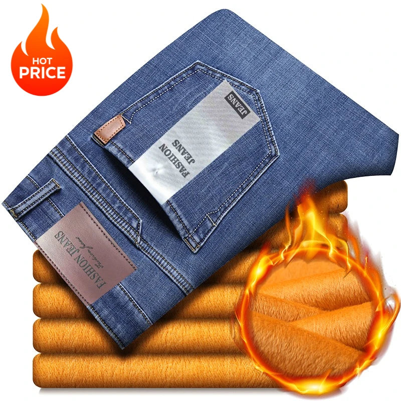 Brand Men Jean Warm Autumn Winter Loose Straight Jeans Male Casual Fleece Lined Thickened Denim Pant Elastic Waist High Trousers