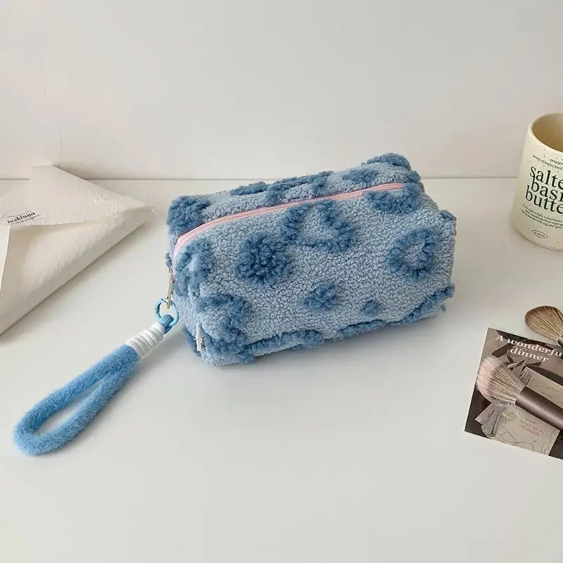 Cute Plush Makeup Bag For Women Portable Travel Small Cosmetic Bags Solid Color Zipper Toiletry Bag Washing Pouch Storage Bags