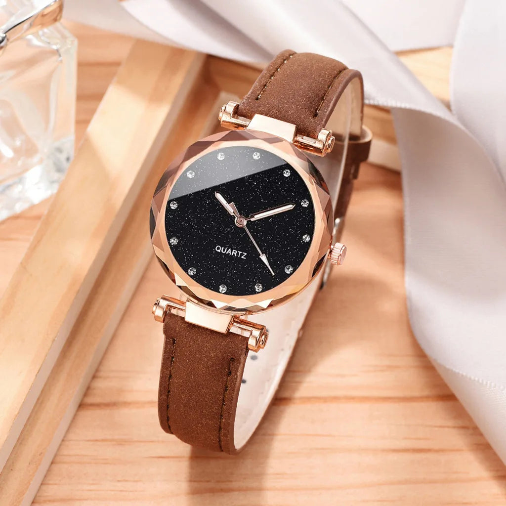 2pcs Luxury Fashion Women Watch Set PU Leather Strap Ladies Quartz Wristwatch Rhinestone RoseGold Alloy Bracelet For Ladies Gift