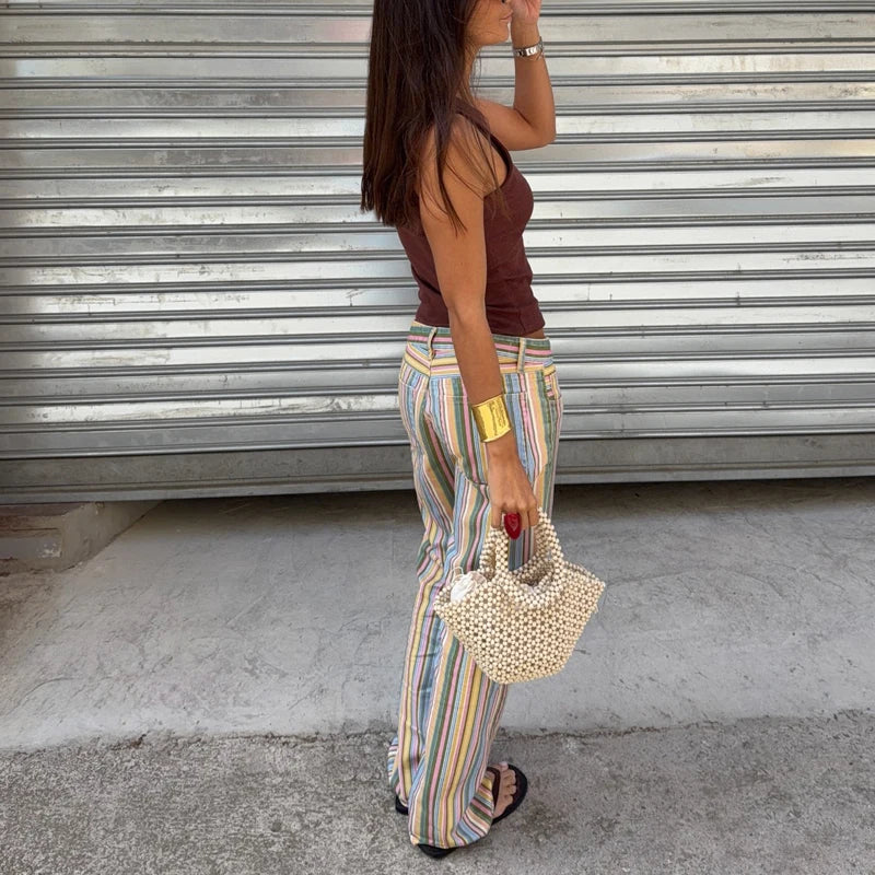MUJER Striped Women's Jeans Pants Low Rise Baggy Pants Jeans Women Fashion Summer Denim Trousers Women Wide Leg Pants for Women