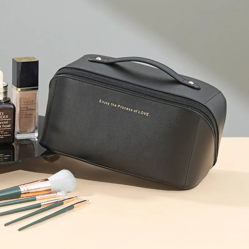 Travel Makeup Bag, Large Capacity Cosmetic Organizer Bags for Women, Waterproof PU Leather Toiletry Bags Wide Open Flat Makeup
